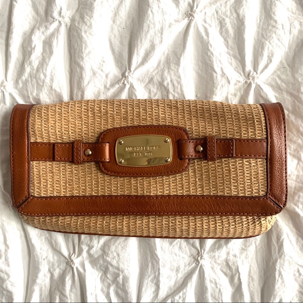 Michael Kors Straw + Leather Clutch Shoulder Bag